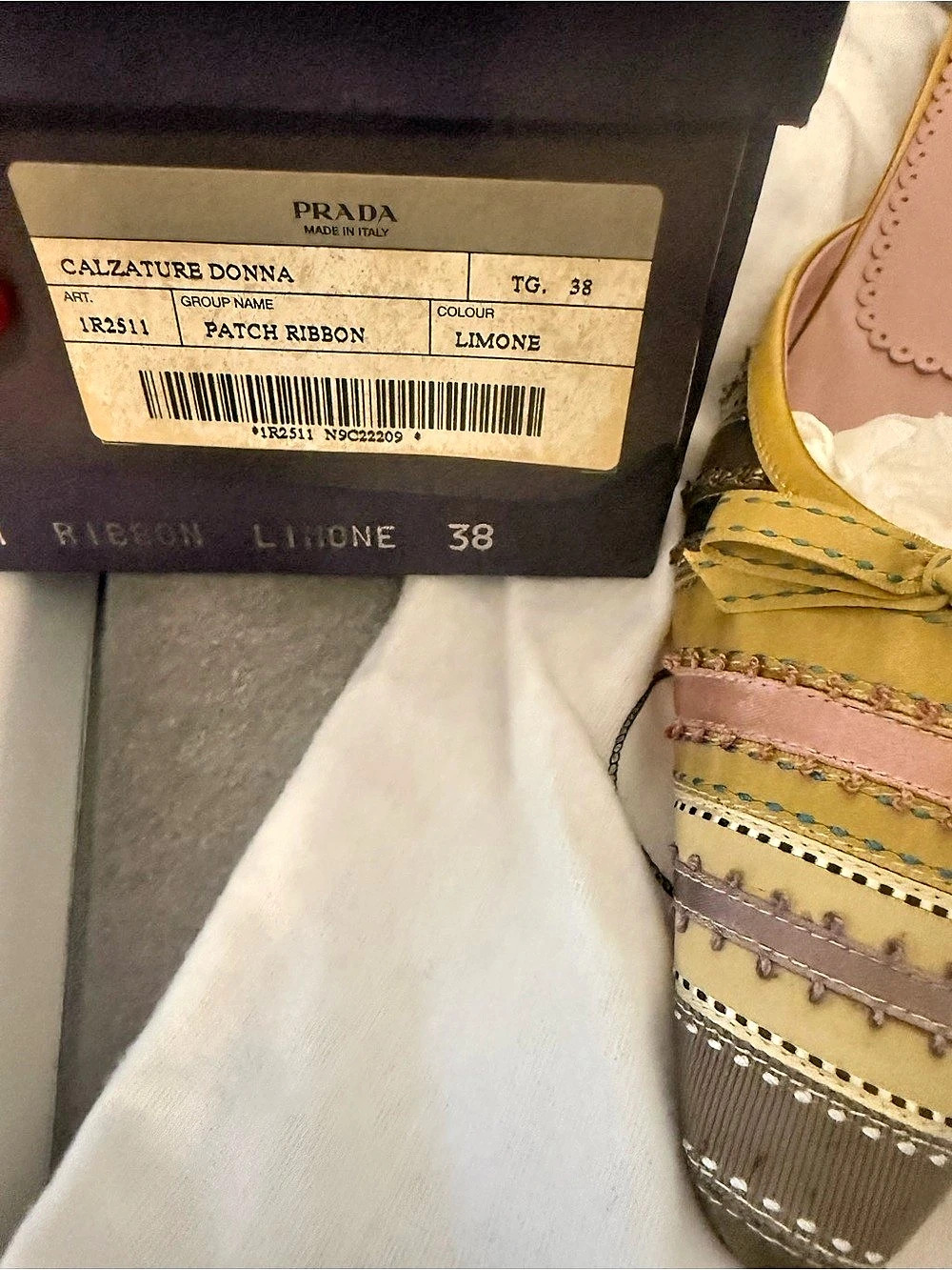 Prada Striped Ribbon Bow Kitten Heel Mules Yellow & Pink EU 38 NEVER WORN - Picture 9 of 10
